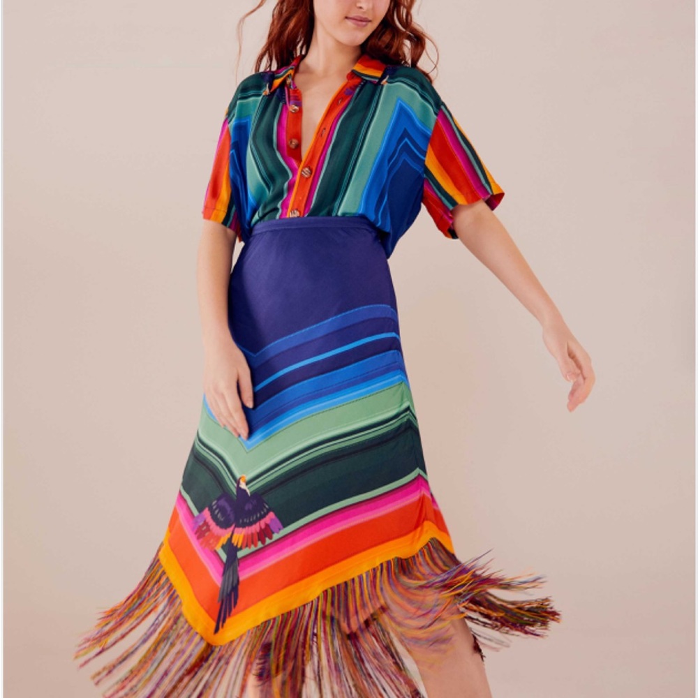 NWT Farm Rio Rainbow Macaws Scarf Fringe Midi Skirt XS and Small
